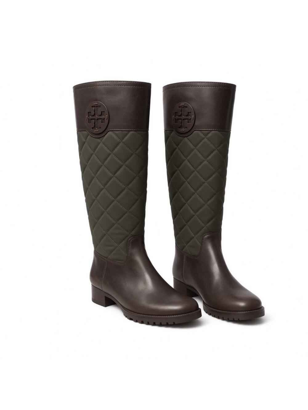 Tory Burch Rowan Quilted Riding Boots Green/Brown Leather
